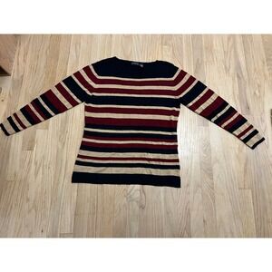 Liz Claiborne Striped Long Sleeve Sweater Top Women Size L Navy Burgundy Tan